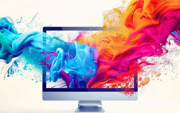 A computer monitor is covered in colorful smoke. Concept of creativity and energy, as if the computer is a tool for artistic expression. A computer monitor with design elements, graphic design