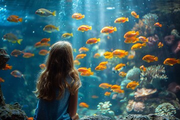 In a large, lush aquarium, children and families observe the diverse marine life with curiosity and wonder.
