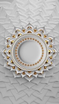 3d abstract white gold decorative asian vertical video, animated blank round frame with copy space, spinning rows of lotus petals, loop animation of mandala design