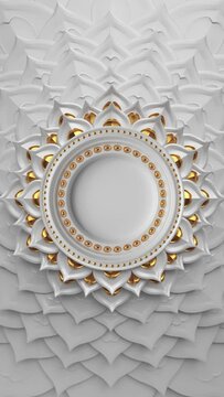 3d abstract white gold decorative asian background, animated blank round frame with copy space, seamless vertical video of mandala design