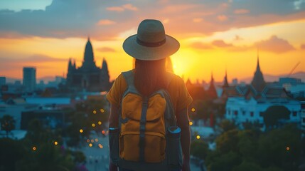 AI generated illustration of a woman standing on a hill at sunset, gazing over the city