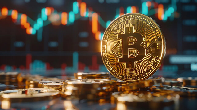 A gold bitcoin coin on a stock market graph