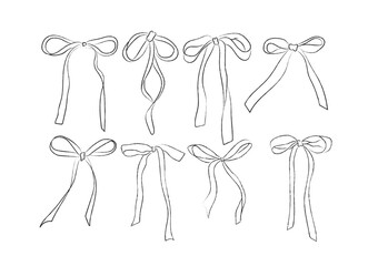 Cute coquette ribbon bow vector, soft girl bow clip art vector. Hand drawn pink ribbon bow line art set