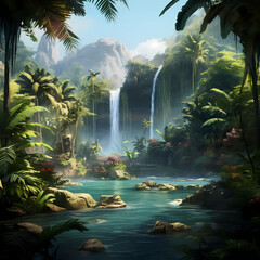 Lush tropical island with a hidden waterfall.