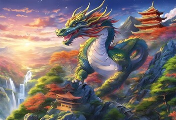 AI generated illustration of a majestic dragon with a lengthy tail, set against a mountain backdrop - obrazy, fototapety, plakaty