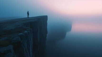 AI generated illustration of a solitary figure standing at the edge of a cliff overlooking the sea - obrazy, fototapety, plakaty