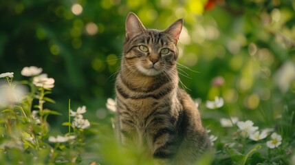 Naklejka na ściany i meble AI generated illustration of a tabby cat sitting on green grass