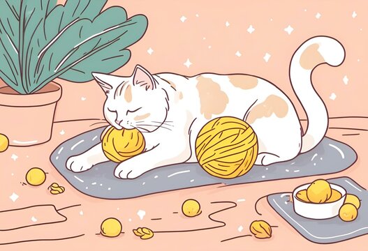 AI generated illustration of a cat lounging on a mat, playing with yellow yarn balls