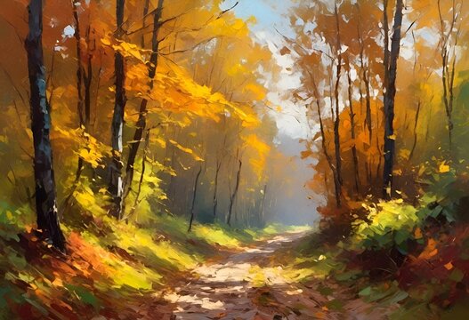 AI generated illustration of a path through forest with yellow and orange fall foliage