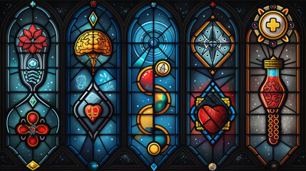 Stained glass icons with a medical theme.   - obrazy, fototapety, plakaty
