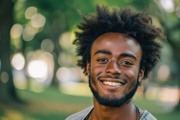 Portrait of a handsome African American man smiling in the park