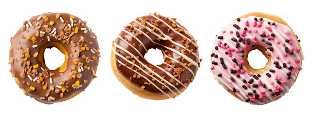 Set of dark and white chocolate donuts isolated on white background, top view
