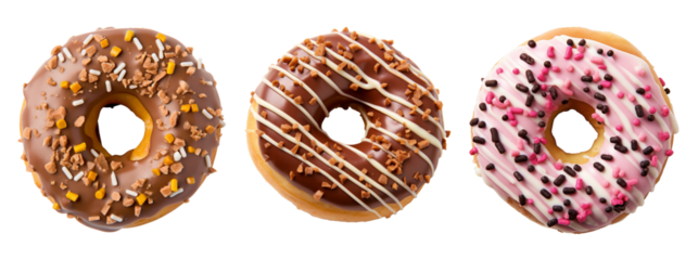 Set of dark and white chocolate donuts isolated on white background, top view