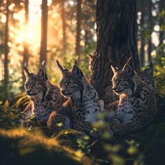 Lynx family in the forest clearing in summer evening with setting sun. Group of wild animals in...