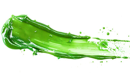 Liquid green gel smear isolated on white background. facial jelly serum. Aloe vera cosmetic product, natural ingredients and laboratory glassware.