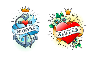 Set of Classic tattoo. Heart with flowers and ribbon with the word sister. Anchor with rope and ribbon with the word brother.  Classic old school American retro tattoo. Vector illustration.