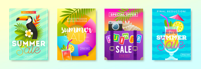 Set of summer sale promotion banners. Summer holidays and travel colorful bright background. Vacation poster  design. Vector illustration.