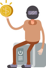 Man with Helmet Character Sitting on Safe and Holding Dollar Coin
