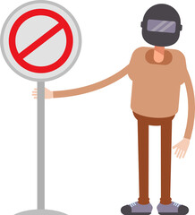 Man with Helmet Character and Prohibition Signage
