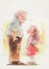 Cartoon Drawing: Old Man and Young Girl, Grandfather and Granddaughter