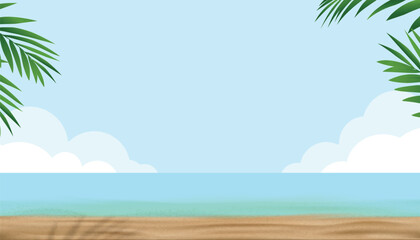Fototapeta na wymiar Summer background,Tropical sand beach background with sea waves, sand, palm tree shadows,Vector horizon holiday banner.Background for Travel and beach vacation, copy space for text.
