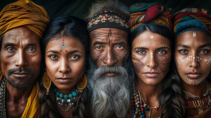AI generated illustration of a multi-generational group adorned with tribal marks - obrazy, fototapety, plakaty