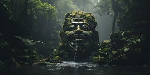 AI-generated illustration of an old statue of a lost ancient civilization in the jungle - obrazy, fototapety, plakaty