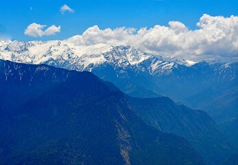 Beautiful landscape with snow mountain and blue cloudy sky