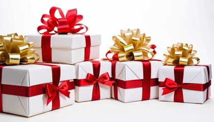 Obraz premium Gift boxes on a white background, gold and red ribbons, white boxes. Gift for holidays, Christmas, birthday. Wide banner, background template with copy space