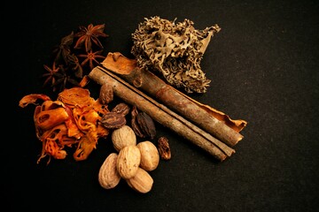 Closeup of Indian garam masala or spices on black background