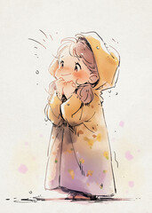 Cartoon Drawing: A Young Girls Playing in Raincoat