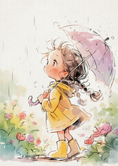 Cartoon Drawing: A Young Girls with an umbrella on a raining day.