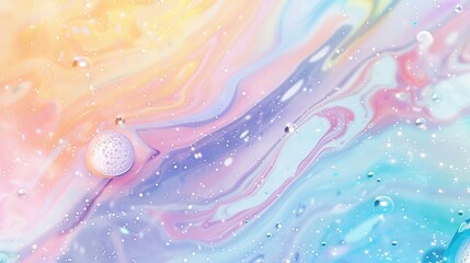 A pastel marble on a foam bubbles background with a rainbow in the background. - obrazy, fototapety, plakaty