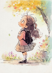 Cartoon Drawing: A Young Girls, Going to School