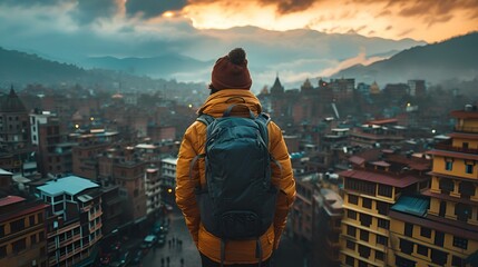 a person standing on a tall building ledge looking down at the city with mountains - obrazy, fototapety, plakaty