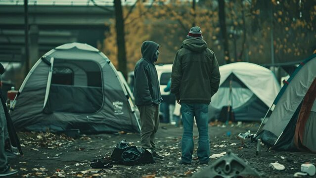 Slowly pushing along a Seattle park lined with dilapidated homeless tents as homeless people gather on a dreary overcast autumn day