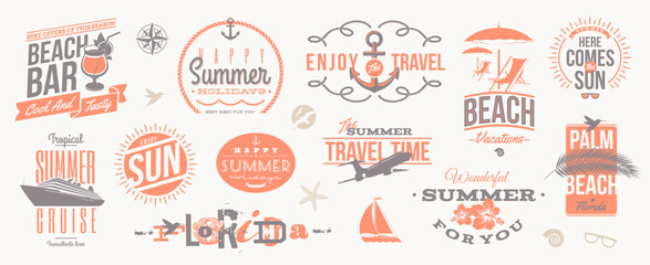 Set of summer holidays, travel and vacation retro emblems and logo. Type design, Vector illustration. - 781965818
