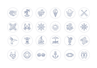 Set of summer holiday, beach vacation and travel icon set. Line icon set vector illustration.