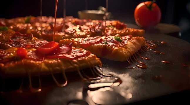 close-up shot of a well placed pizza. Concept promotional flyer and poster for Restaurants. animation video