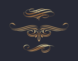 Set of page decorations golden design elements. Calligraphic gold flourishes elegant ornamental dividers. Vector illustration. - 781966005