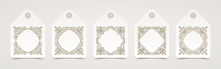 A set of tags or labels decorated with flourishes patterns. Vector illustration.