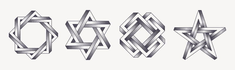 Set of tattoo style impossible shapes with stippled gradient. Vector illustration.