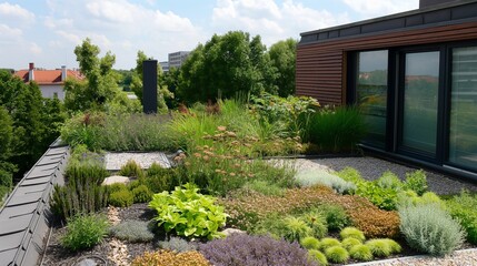a lush green roof garden atop an urban eco-friendly house.