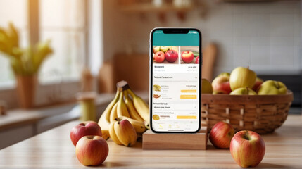 Online cookbook and shopping list through mobile app marketplace. Phone with lunch recipe and ingredients on the screen on the kitchen counter. Modern domestic lifestyle.