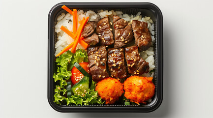 top view of beef rice and vegetables bento box