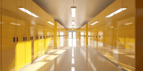 Fototapeta premium Sunlit School Corridor with Yellow Lockers