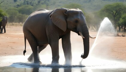 An Elephant Spraying Itself With Water - obrazy, fototapety, plakaty