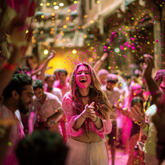 Woman cheering among colorful powder - 781966435