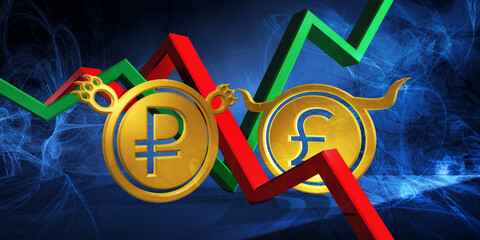 bullish gbp to bearish rub currency. foreign exchange market 3d illustration of british pound to russian ruble. money represented  as golden coins - 781966492