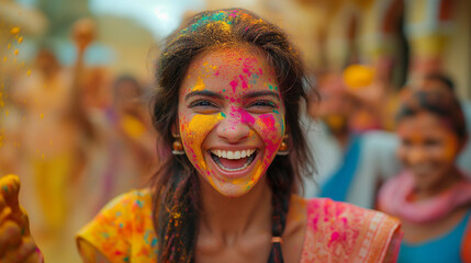 Close up of Indian woman covered with colorful powder - 781966498